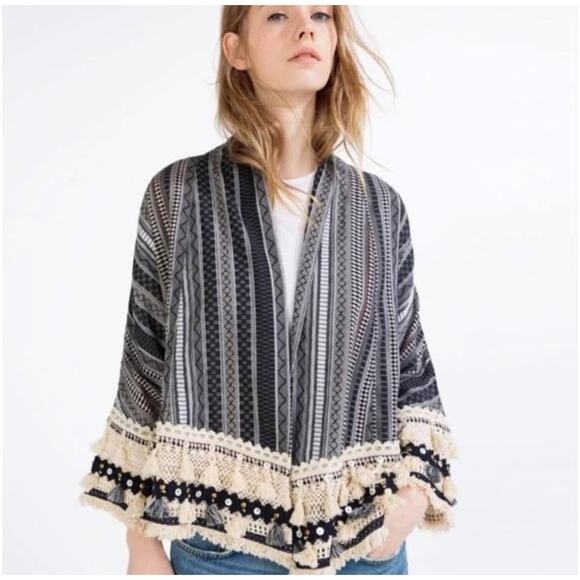 ZARA Premium Tassel Boho Trimmed Tribal Print Kimono Cardigan - Picture 1 of 9